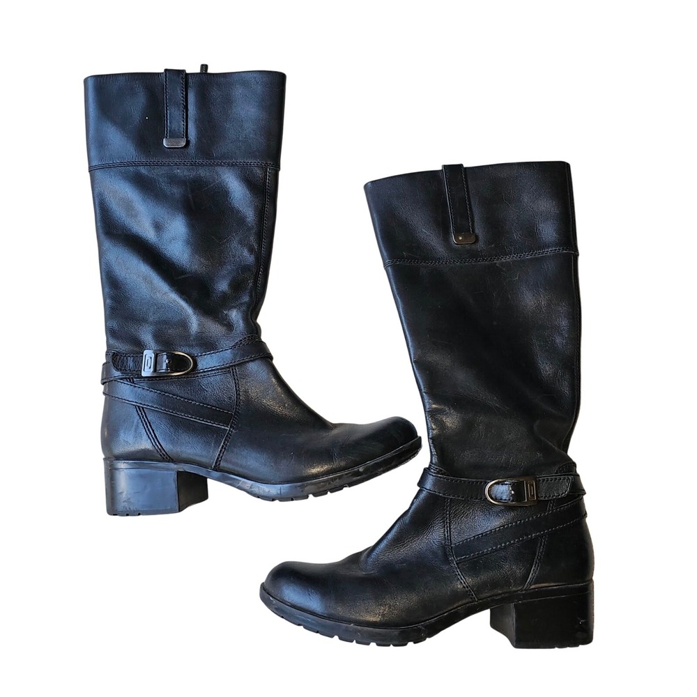 Bandelino Black Leather Tall Boots  Small Heel Lug Sole Zip Entry 10 Med